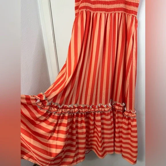 Crosby by Mollie Burch Wren dark  orange striped ruffle sleeve maxi dress L - Picture 7 of 8